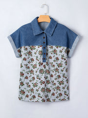 Denim patchwork floral print button-down blouse with cuffed short sleeves.