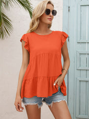Orange babydoll blouse with ruffled sleeves and tiered hem.
