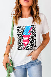 White t-shirt with leopard print and an American flag lightning bolt graphic.