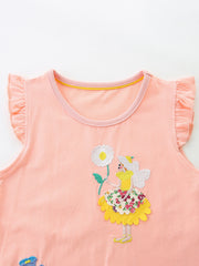 Peach cotton toddler dress with fairy embroidery and ruffled sleeves.