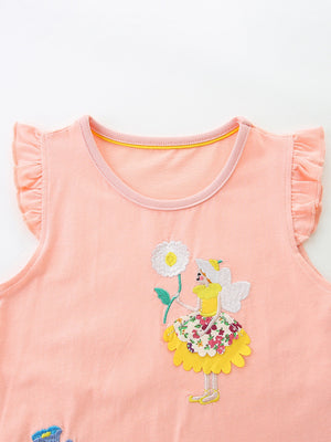 Peach cotton toddler dress with fairy embroidery and ruffled sleeves.