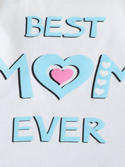 White cotton baby tee with blue "BEST MOM EVER" graphic and pink heart detail.