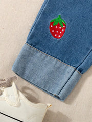 Children's Strawberry Long Sleeve Top And Jeans Set in White, model styling view