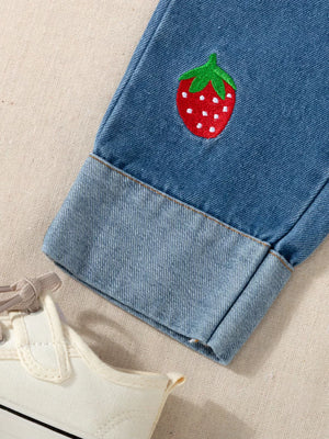 Children's Strawberry Long Sleeve Top And Jeans Set in White, model styling view