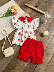 Baby set with white mushroom print top and red bloomers