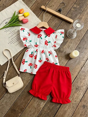 Baby set with white mushroom print top and red bloomers
