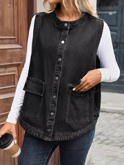Black sleeveless denim vest with band collar and button front, featuring chest pockets.
