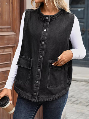 Black sleeveless denim vest with band collar and button front, featuring chest pockets.