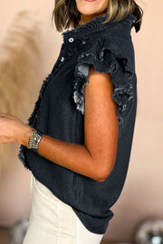 Black denim button-up shirt with frayed ruffle trim sleeves and collar
