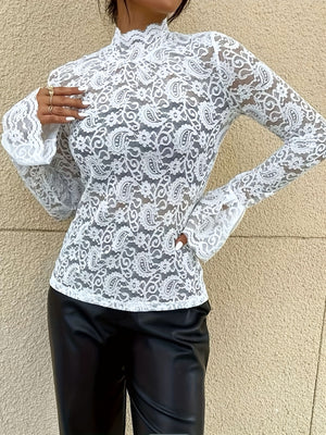 White lace bell sleeve blouse with mock neck and paisley pattern.