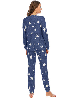Peacock Blue star print knit loungewear set with long sleeves and pants.