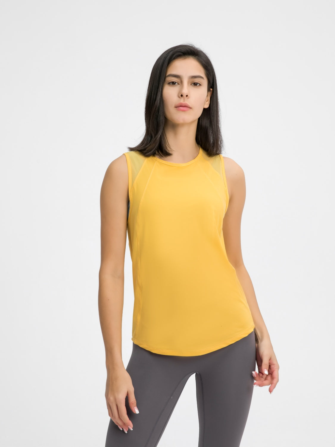 Yellow mesh-back performance tank top with crew neck and sleeveless cut.