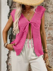 Fuchsia pink open-knit sleeveless cardigan with tie-front detail and deep V-neckline.