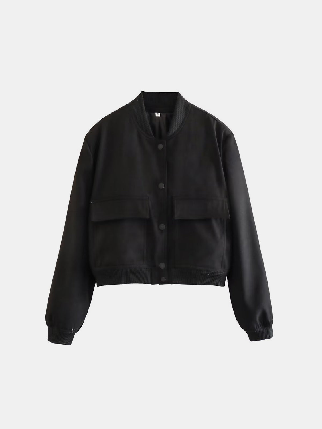 Black bomber jacket with two chest pockets, ribbed collar, cuffs, and hem.