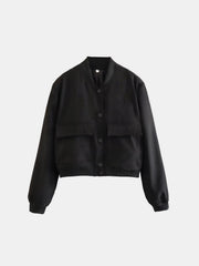 Black bomber jacket with two chest pockets, ribbed collar, cuffs, and hem.