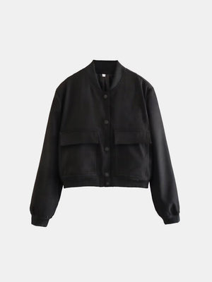 Black bomber jacket with two chest pockets, ribbed collar, cuffs, and hem.