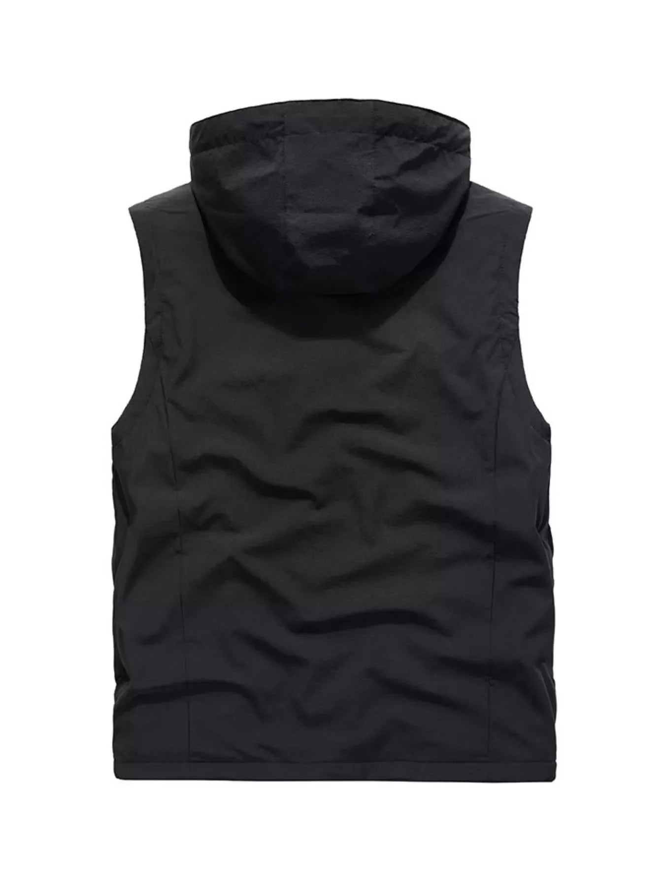 Black hooded zip vest with a smooth finish and a relaxed fit.