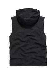 Black hooded zip vest with a smooth finish and a relaxed fit.