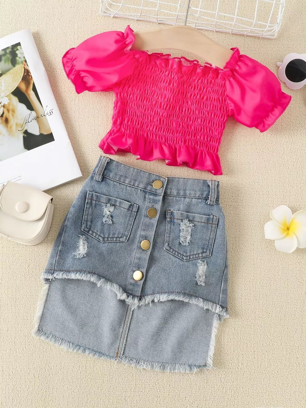 Children's Smocked Top And Denim Skirt Set in Rose Red, front view