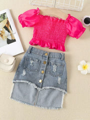 Children's Smocked Top And Denim Skirt Set in Rose Red, front view
