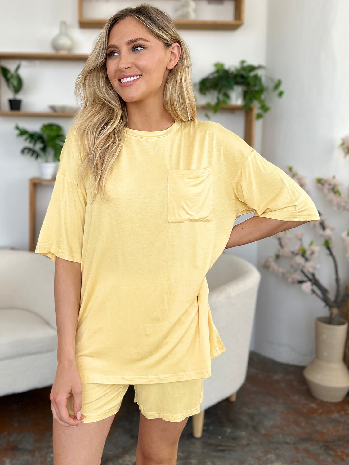 Yellow relaxed fit t-shirt with chest pocket and matching shorts lounge set