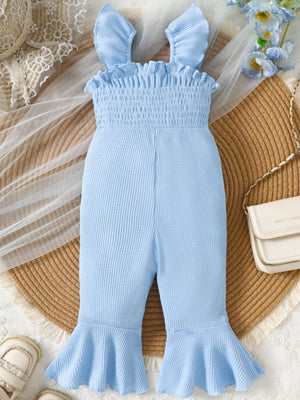 Baby pastel blue cotton smocked jumpsuit with ruffled straps and flared legs.