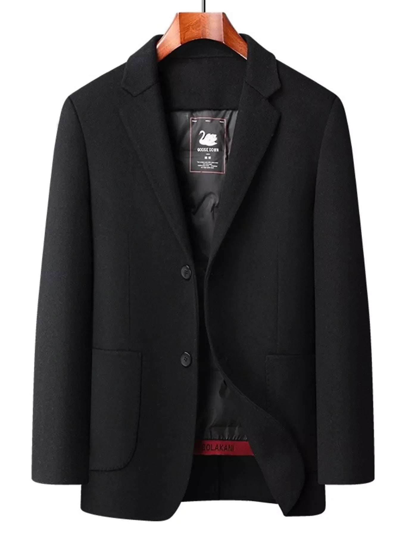 Men's black wool button-up overcoat with notched lapels and two front pockets.