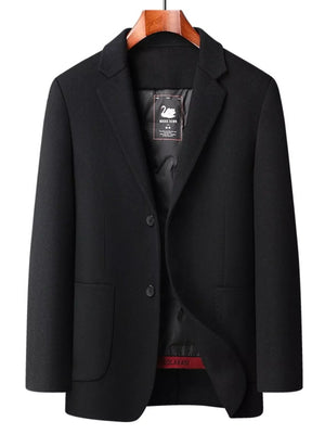 Men's black wool button-up overcoat with notched lapels and two front pockets.