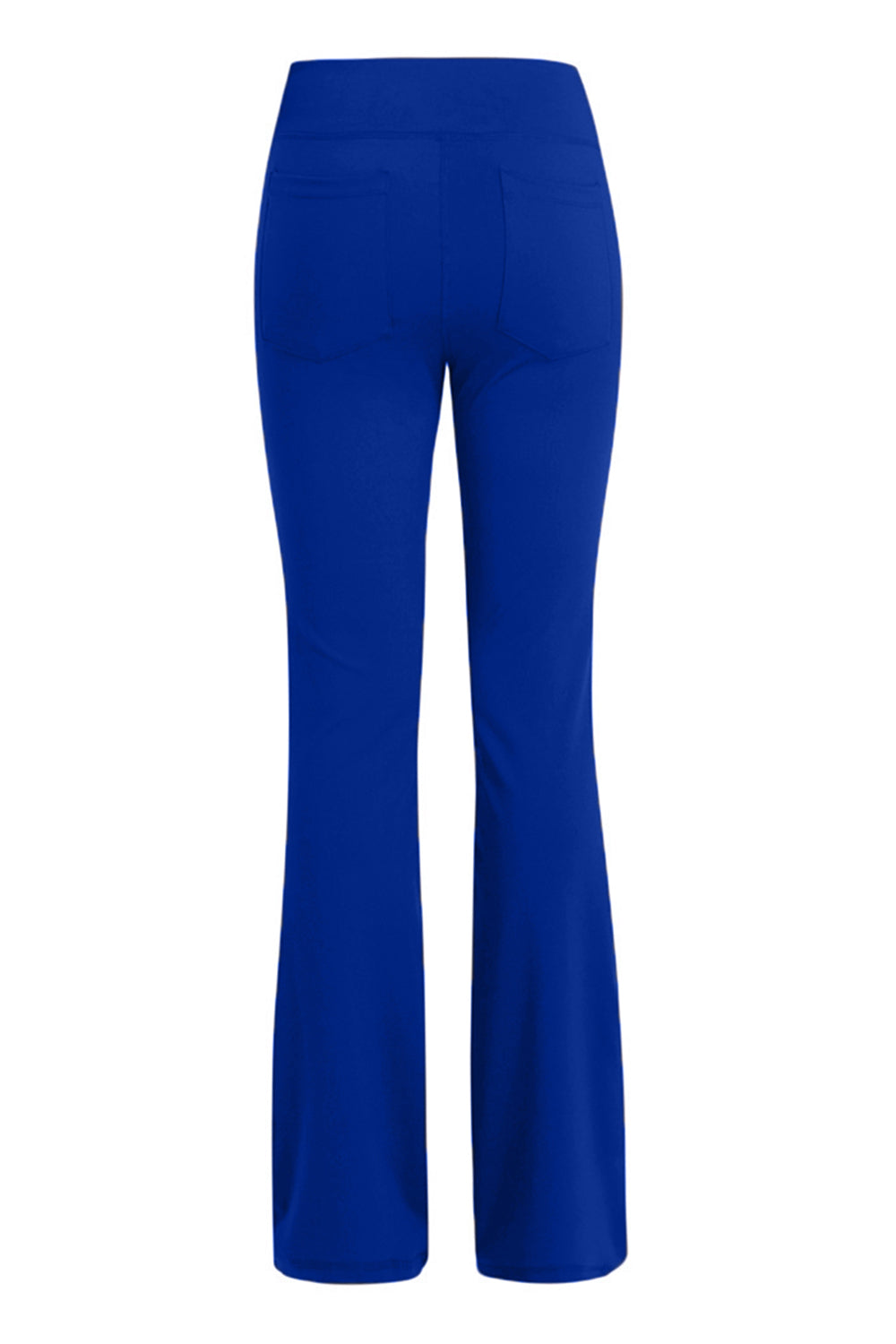 Royal blue flare-leg performance trousers with back pockets.