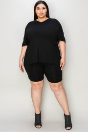 Black bamboo loungewear set with v-neck tee and biker shorts.