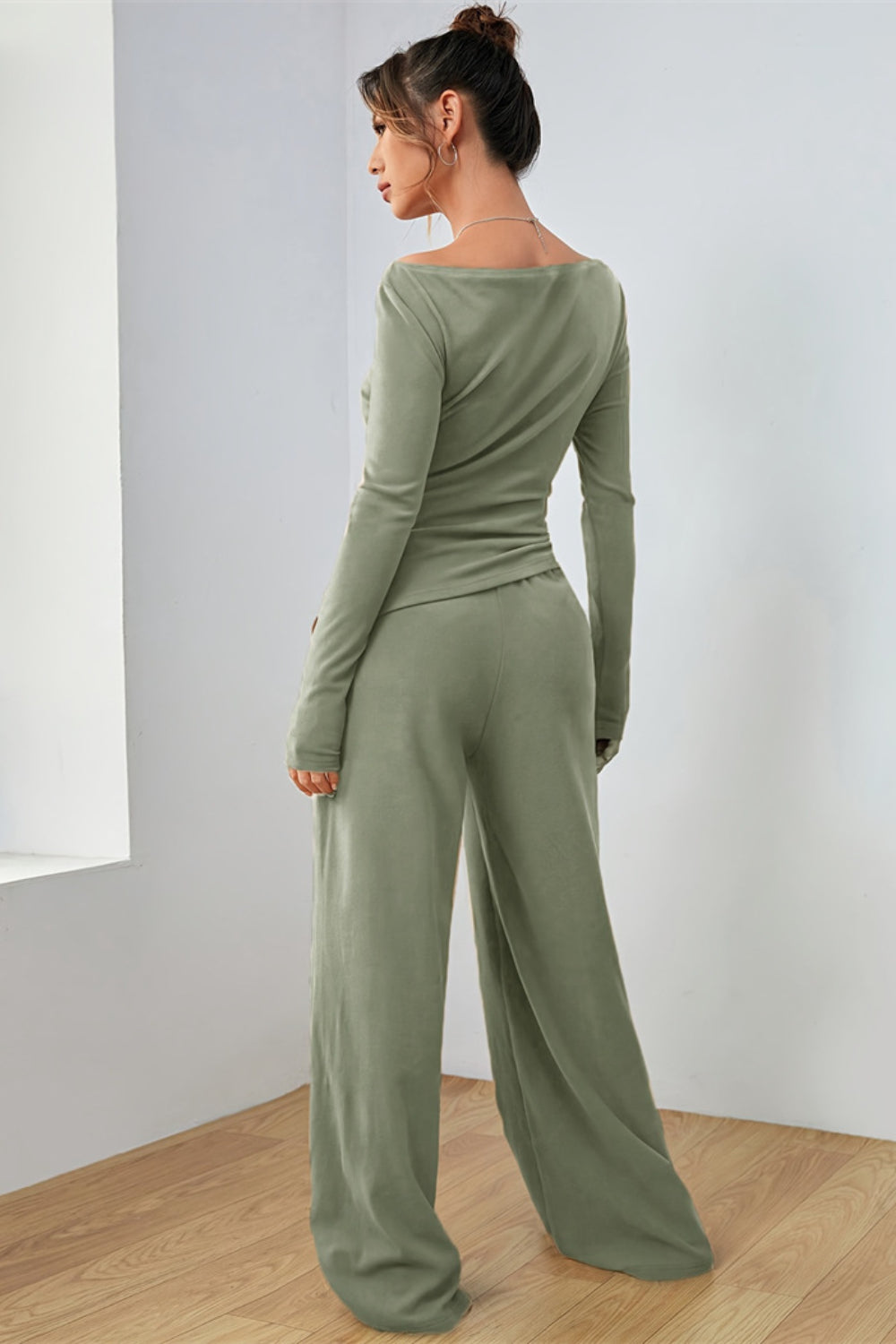 Matcha green boat neck loungewear set with wide leg pants and long sleeves.
