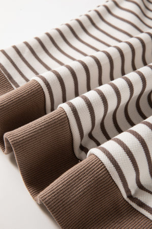 Brown and white striped tee with contrast brown ribbed cuffs and hem.