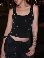 Black cropped square neck tank top with scattered rhinestones.