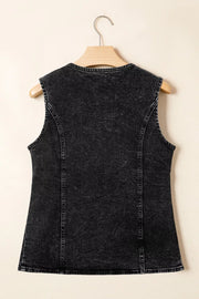 Black denim vest with vintage wash and button-front detail.