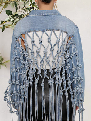 Cropped denim trucker jacket in medium wash with macramé back and fringe detail.