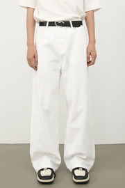 Sculpted wide leg ivory denim trousers with a casual, basic style.