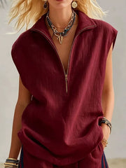 Chic Zip-front Sleeveless Top & Pleated Shorts Set
