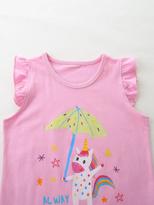 Pink cotton t-shirt with ruffled sleeves and a unicorn graphic holding an umbrella.