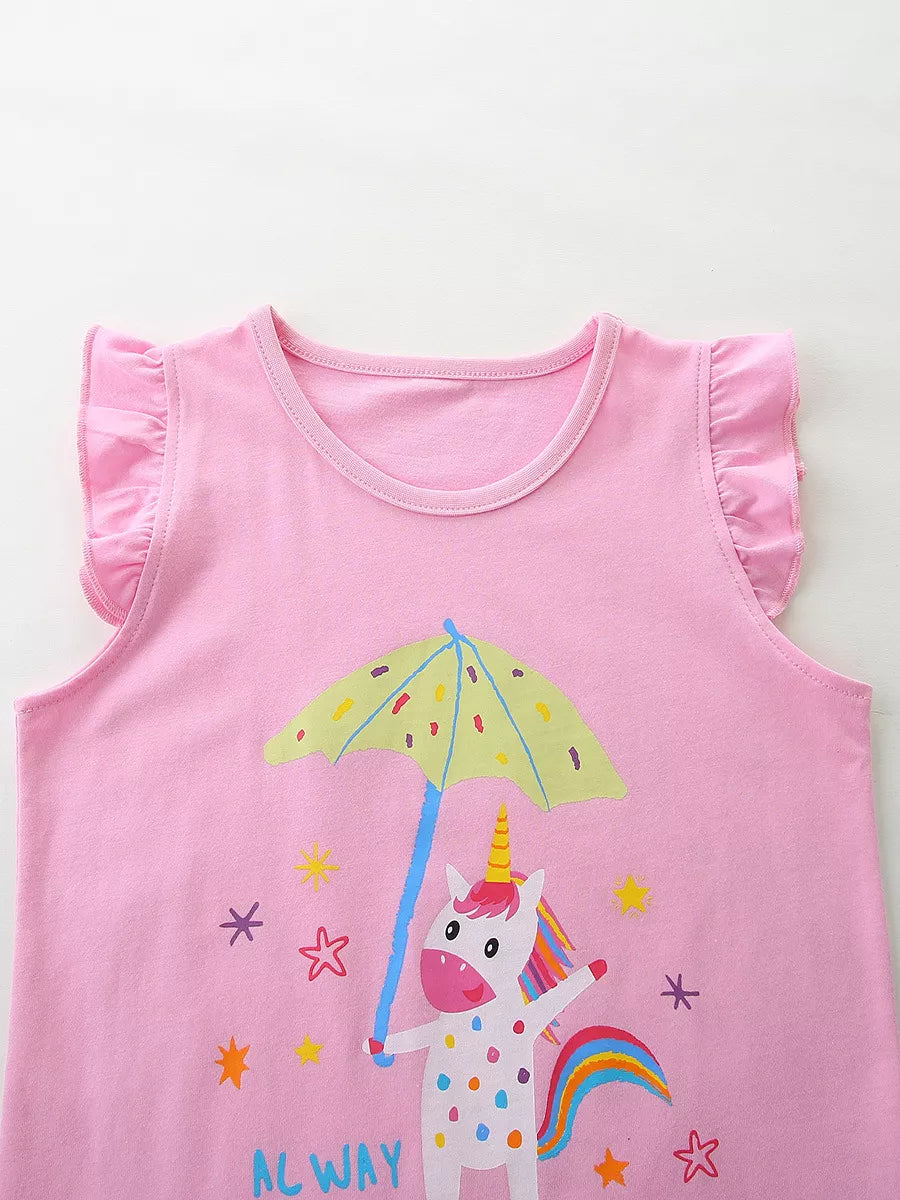 Pink cotton t-shirt with ruffled sleeves and a unicorn graphic holding an umbrella.