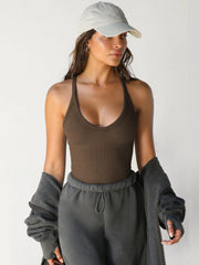Ribbed chocolate tank top with deep scoop neckline and racerback.