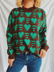 Brown acrylic knit jumper with neon green geometric heart pattern, crew neck, long sleeves.