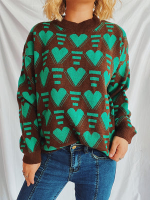 Brown acrylic knit jumper with neon green geometric heart pattern, crew neck, long sleeves.