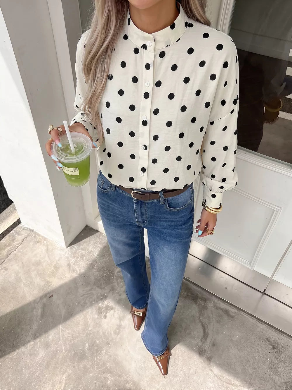 Polka Dot Button-up Shirt in Beige, side view