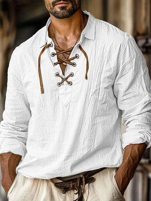 White cotton lace-up V-neck men's undershirt with long sleeves.