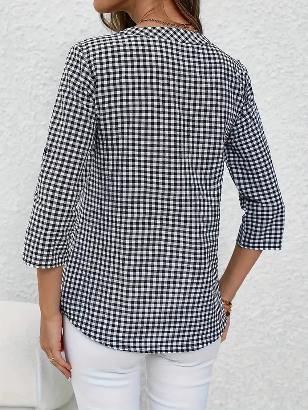 Gingham Button Detail Blouse in Black, back view
