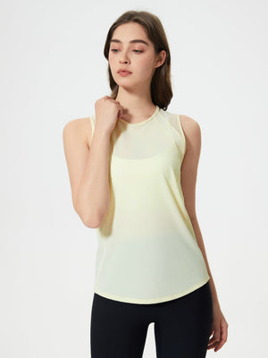 Yellow mesh-back performance tank top with sheer shoulder panels and a rounded hem.