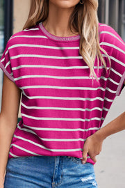 Boxy stripe tee in hot pink with white stripes, contrast trim neckline and sleeves.
