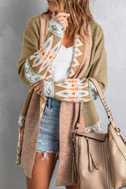 Khaki open-front knit cardigan with geometric trim on sleeves and collar