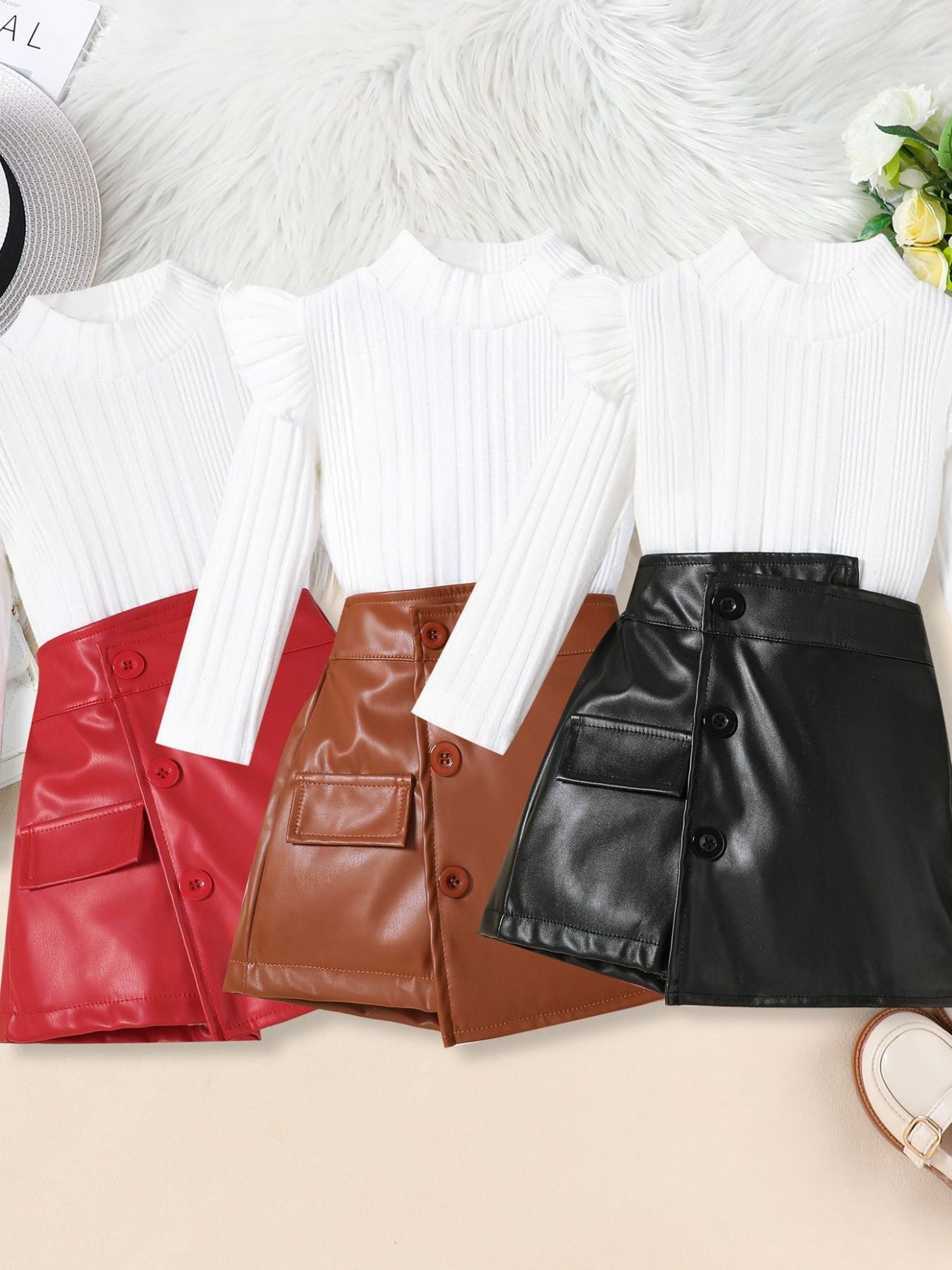 Ribbed knit mock neck tops with faux leather button-front skirts in red, brown, and black.