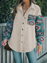 Corduroy shacket in dust storm with Aztec print sleeves and chest pocket.